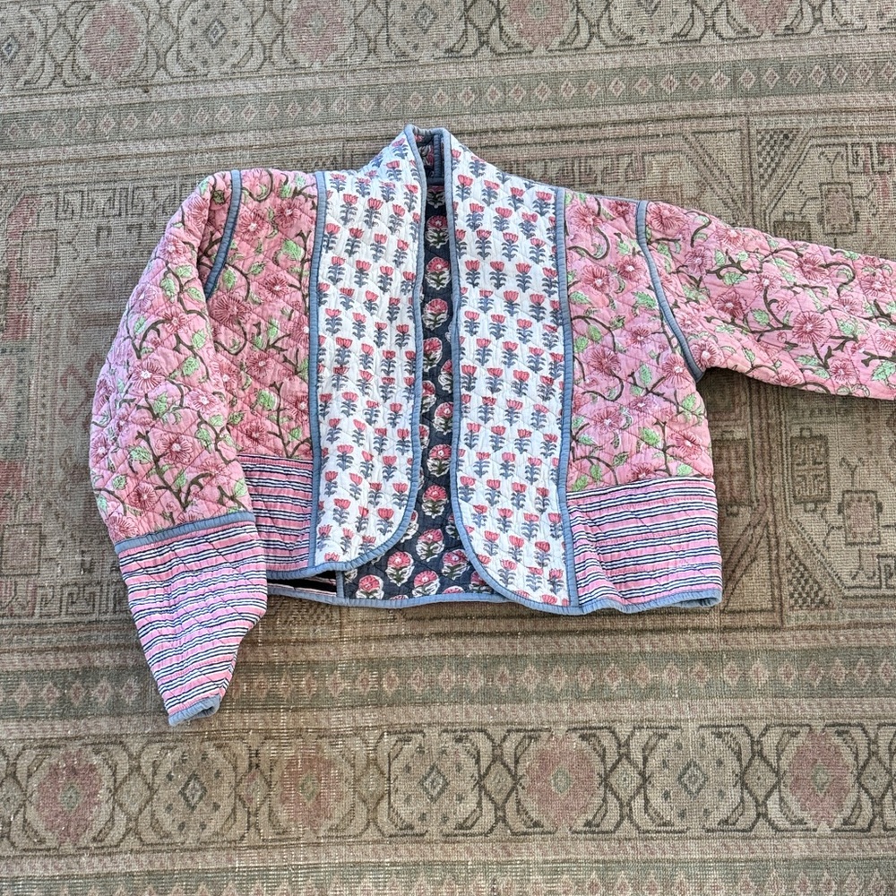 Blockprint Floral Quilted Jacket with Pink and Blue Accents